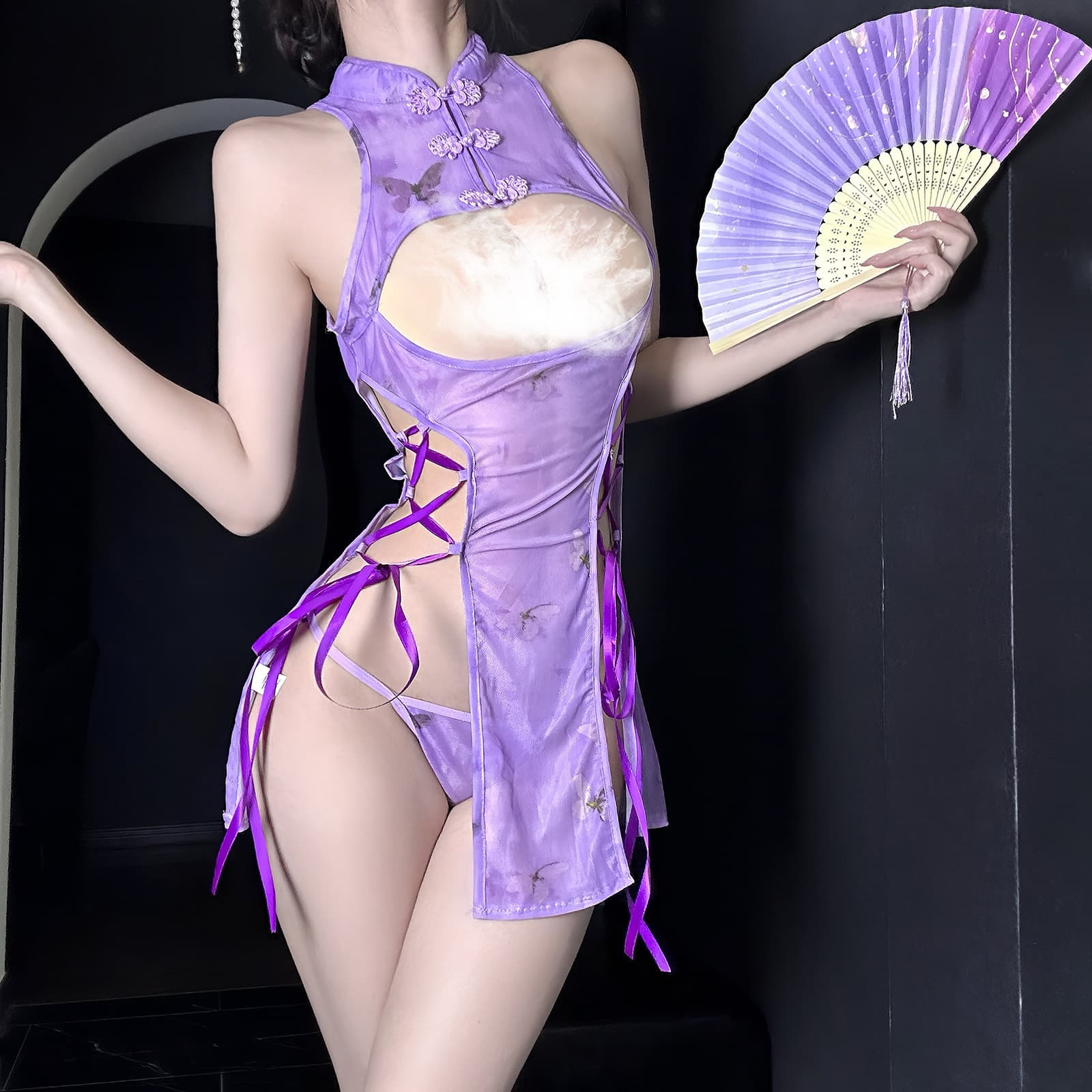 2025 New Style Lingerie Pure Desire Ancient Style Purple Butterfly Sexy Chest Exposure Chinese Cheongsam Uniform Temptation Sleepwear