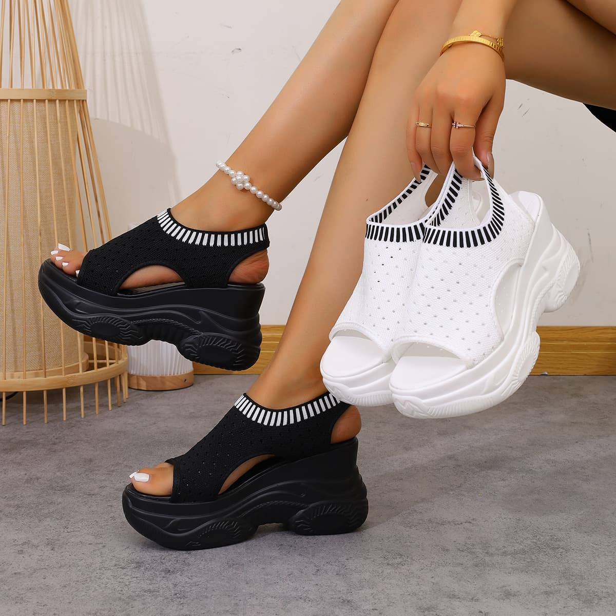 Cross-border Large Size Sports Flyknit Sandals Women 2026 Summer New Style Sandals Women Thick Sole Heightening Fashion Platform Sandals