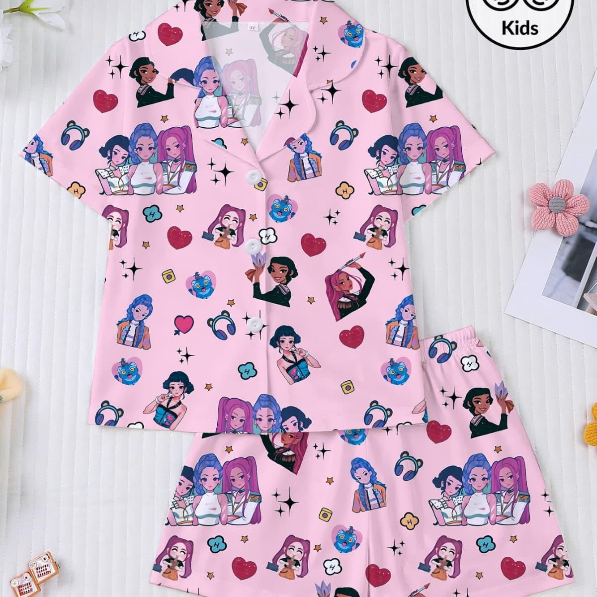 Cross-border foreign trade new four seasons middle-aged girls pajamas set short-sleeved shorts cardigan printed kid pajama
