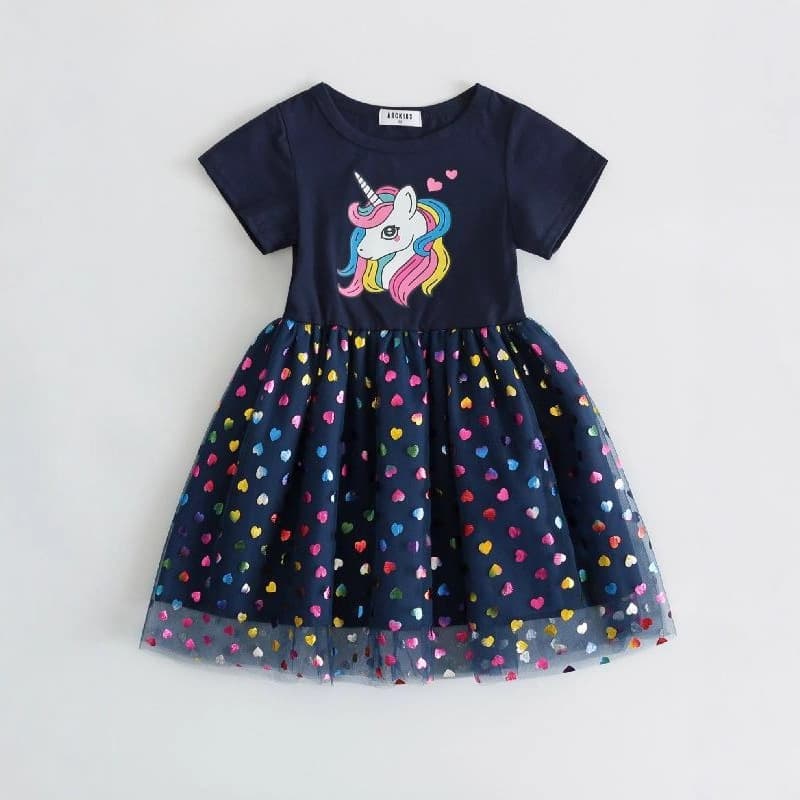 Girls Summer New 2025 Fashionable Princess Dress with Heart Mesh Tutu Skirt