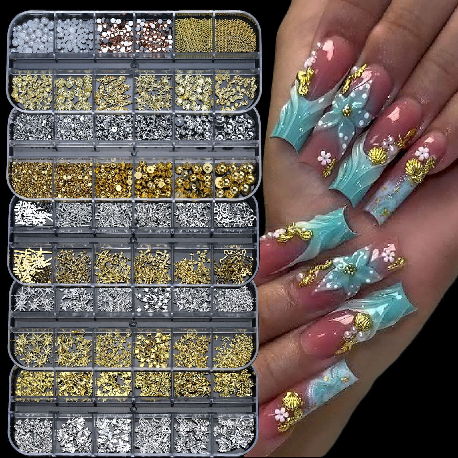 Cross-border Japanese-style bow long box gold and silver nail rivets half-round beads butterfly metal nail art wholesale