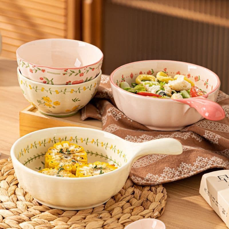 High-Quality Ceramic Handle Bowl for Fruits, Salad, and Instant Noodles – Home Use, Glazed Under-glaze Decoration, Personal Ceramic Tableware