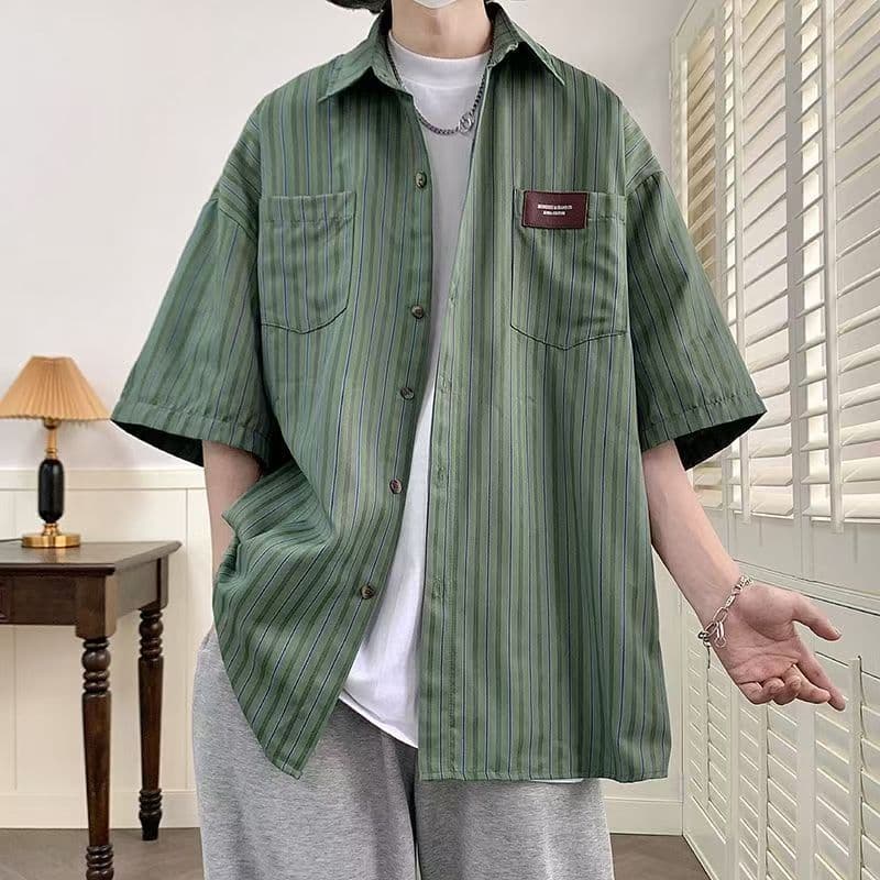 Striped Rogue Short Sleeve Shirt for Men, Summer Loose Fit Street Brand Japanese Retro Vintage Couple Shirt Set