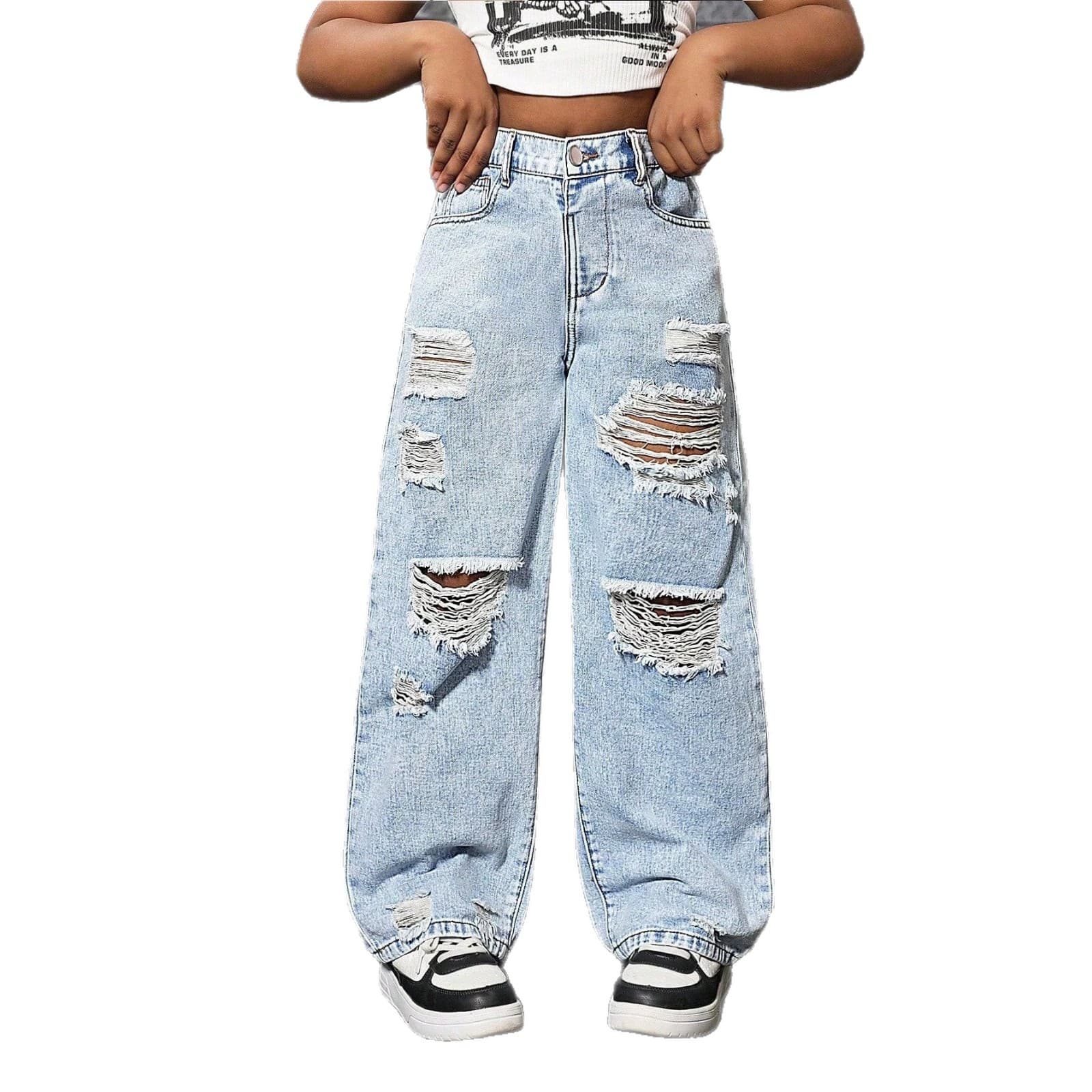 2026 Cross-border Bestseller Direct Supply Amazon Girls Y2K Casual Versatile Distressed Ripped Loose Wide Leg Jeans