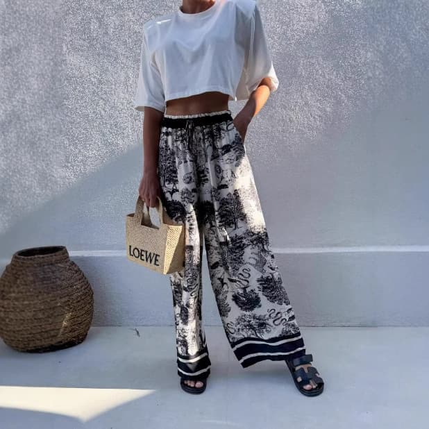 Bohemian retro style European fashion spring and summer animal print pocket loose simple wide leg casual trousers for women