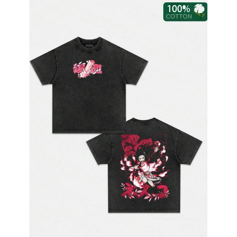 230G European Size Pure Cotton Anime Double Print Retro Washed T-Shirt, Anime A