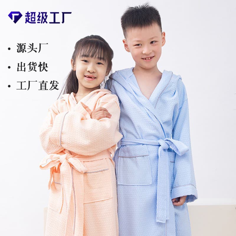 Pure Cotton Kids Bathrobe Home Wear Absorbent Honeycomb Swimming Pool Large Size Extended Spring Autumn Winter Hooded