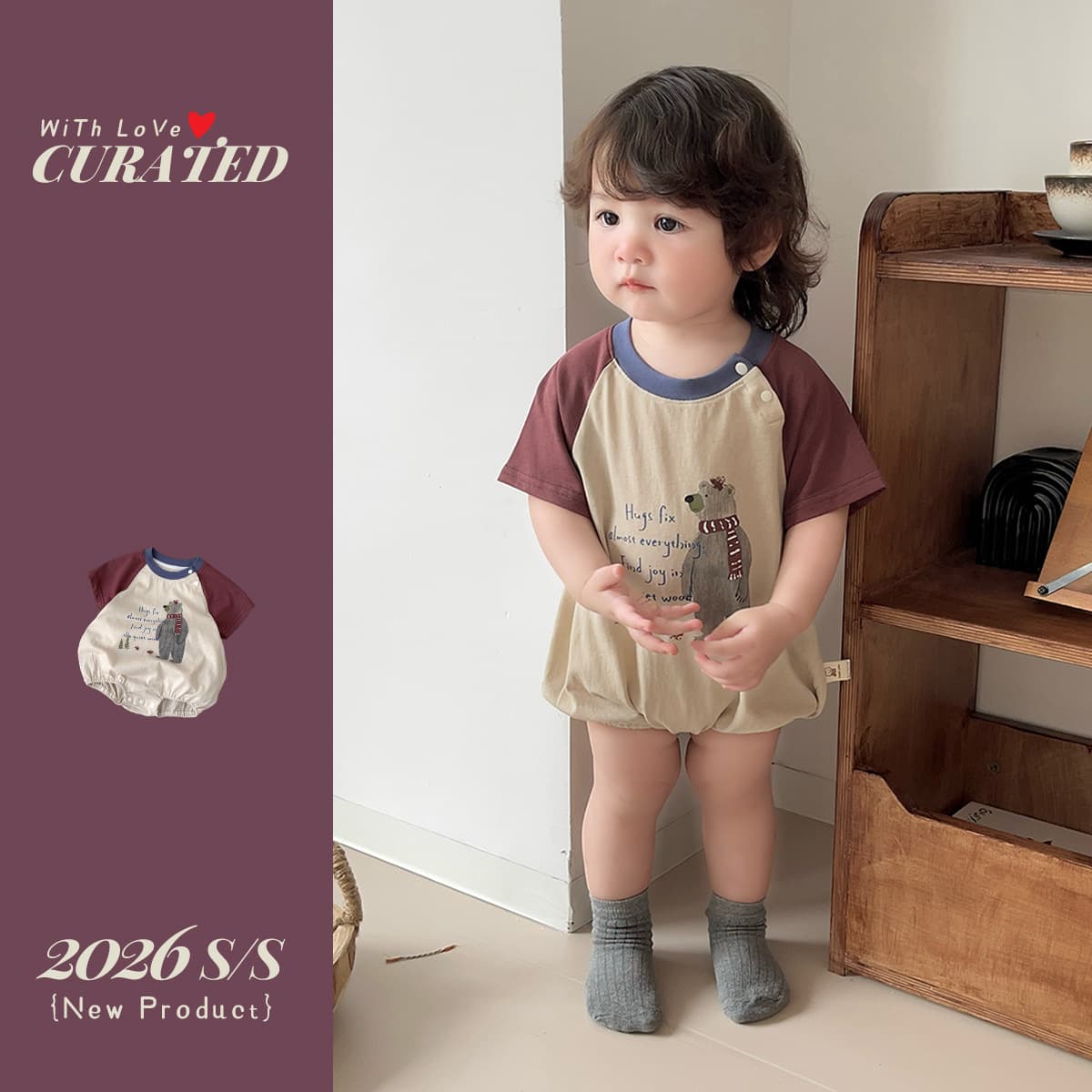 Baby Boy Thin Summer Bodysuit, Little Boy Bear Print Onesie, Raglan Short Sleeve Stylish Outing Romper
