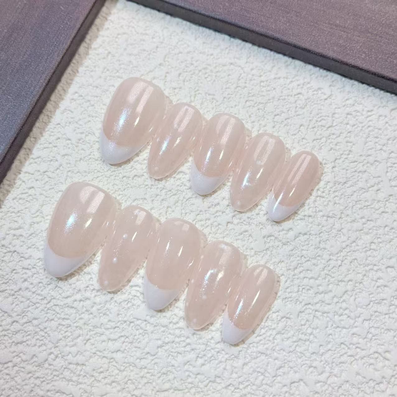 Aurora Powder French Handmade Press-On Nails, Almond Long Style, Translucent Pink Nude Aurora Color-Shifting, Ethereal French Tips