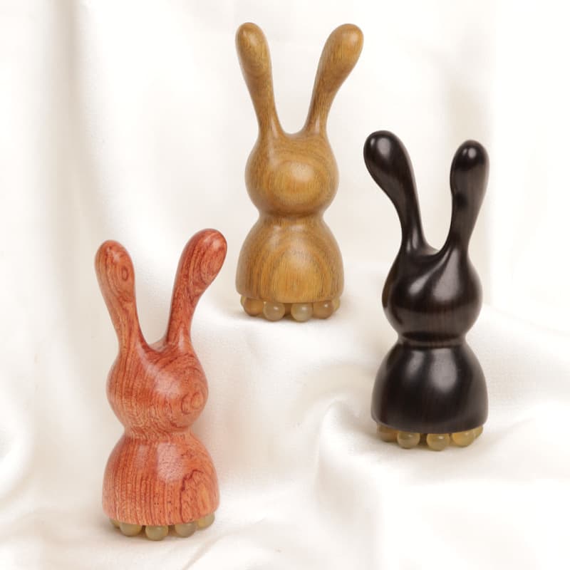 Horn Eye Massager with 12 Beads, Rabbit-shaped Gua Sha Stick, Facial and Nose Scraper, Head Meridian Brush with Green Sandalwood