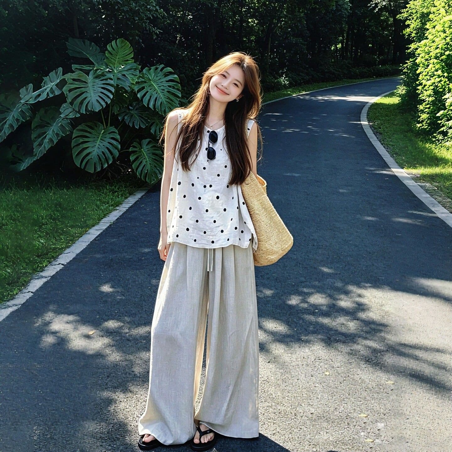 Korean Style Polka Dot Sleeveless Top Vest with Wide Leg Pants Set Plus Size Women Summer Loose Casual Pants Cover Belly Trend