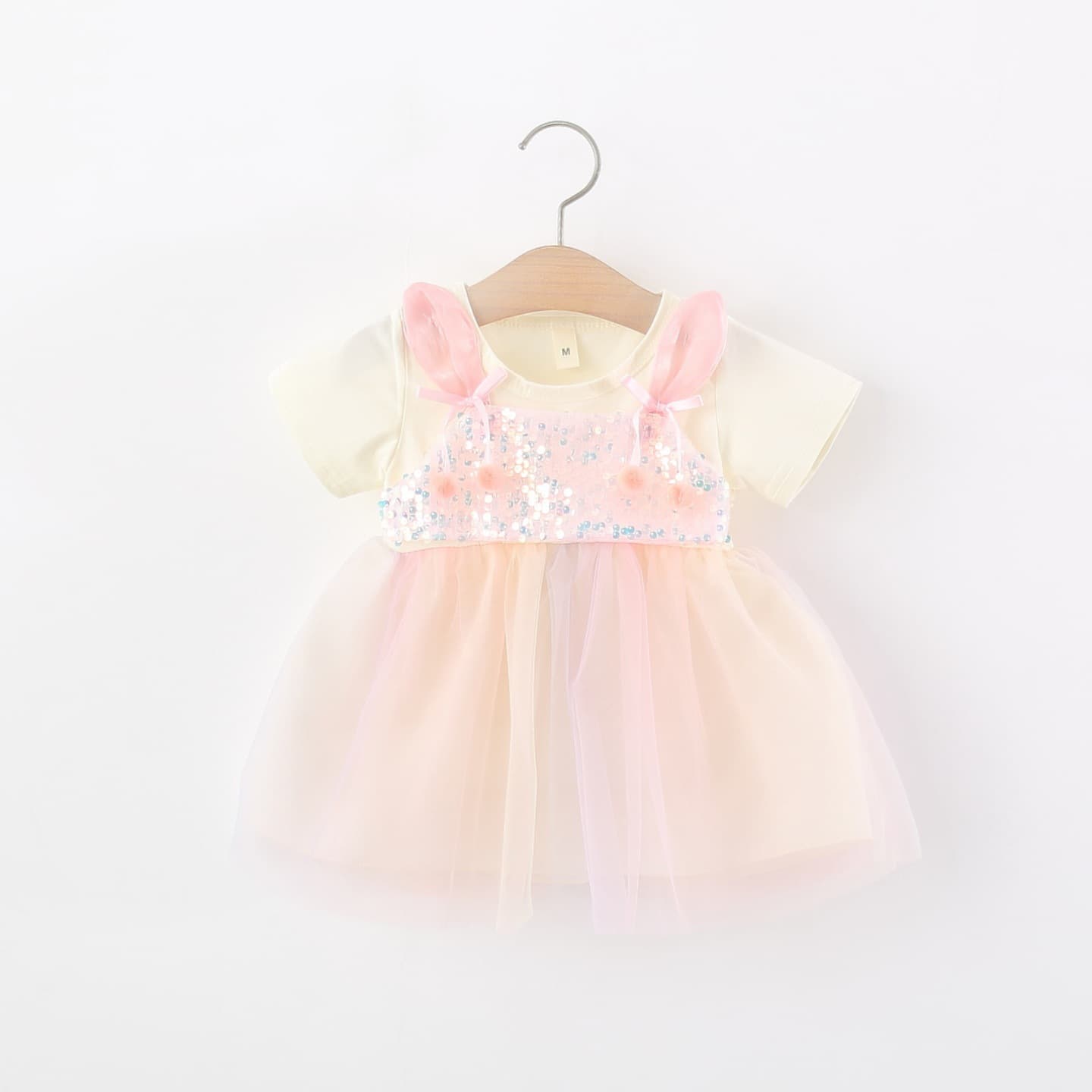 Children's clothing girls short-sleeved dress summer children's baby sequined bunny ears mesh princess skirt children's summer dress
