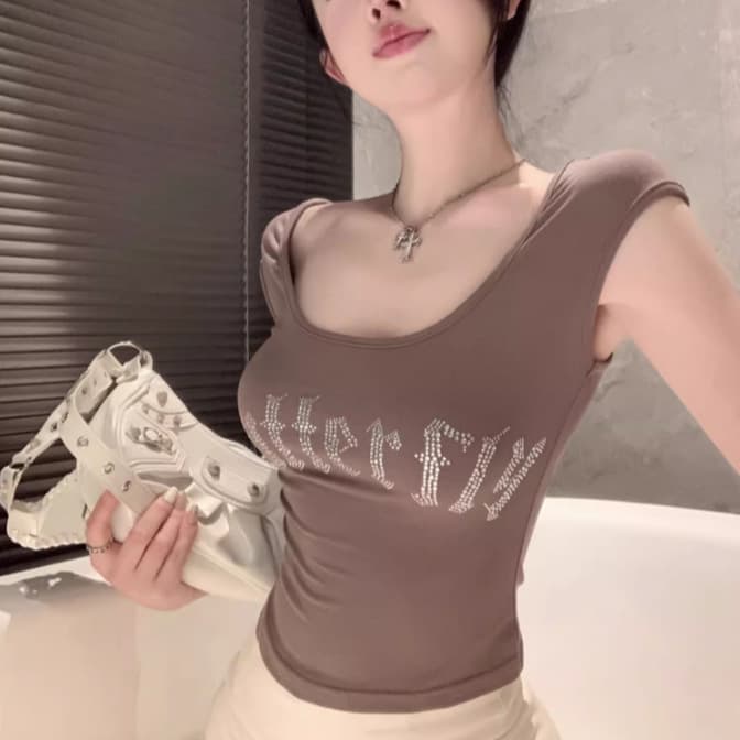 Ins Style Large U-Neck Tight Crop Top for Women Students Summer Figure-Flattering Versatile Trendy Top