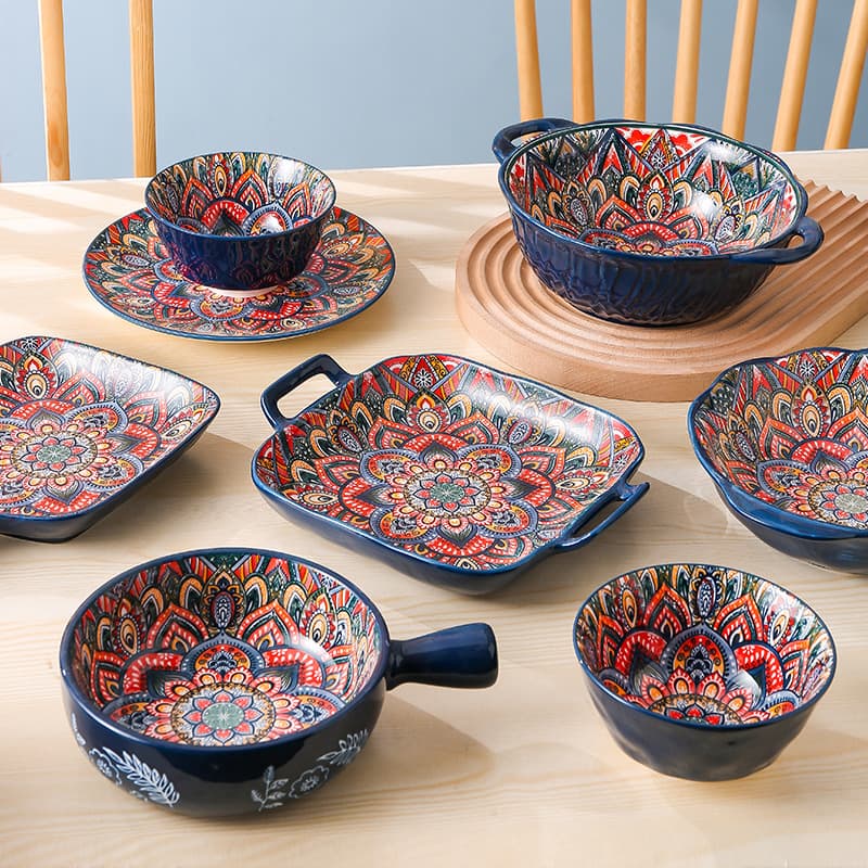 Bohemian Ceramic Tableware, Orlandis Bowl, Plate, and Dish Set, Retro Hand-Painted Rice and Dinner Plates, Home Luxury Rice Bowls