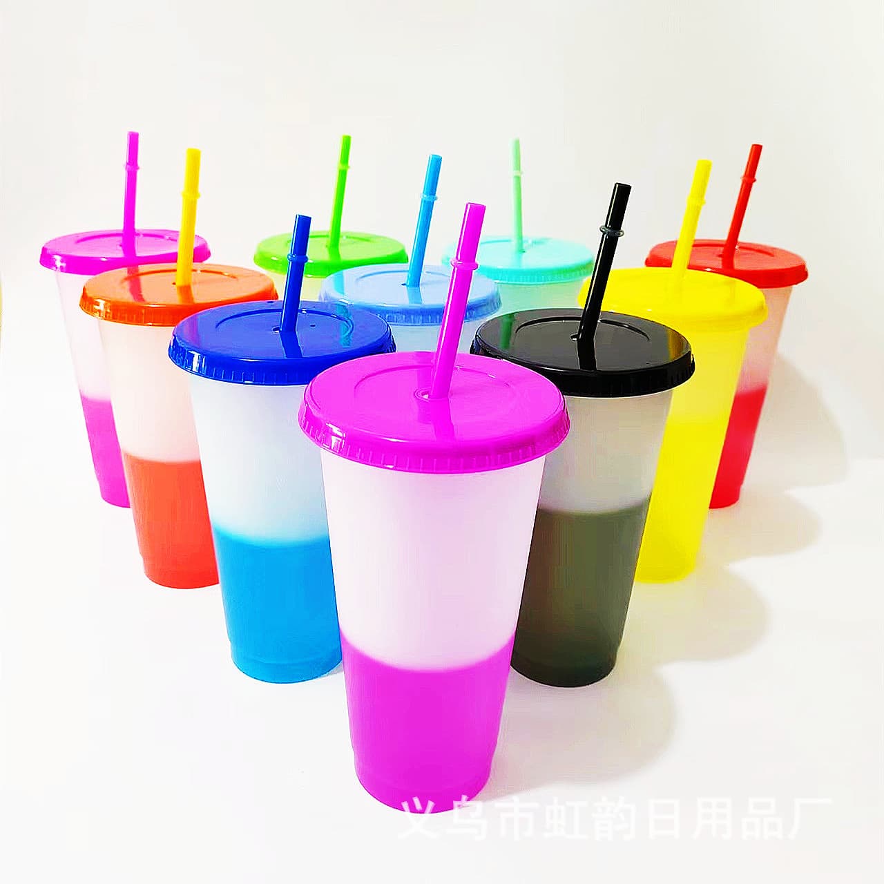 Factory Direct Supply Temperature-Sensitive Cold Color-Changing Cup, Ten-Color Set, Large Capacity Straw Cup, Summer Straw Plastic Cup Wholesale