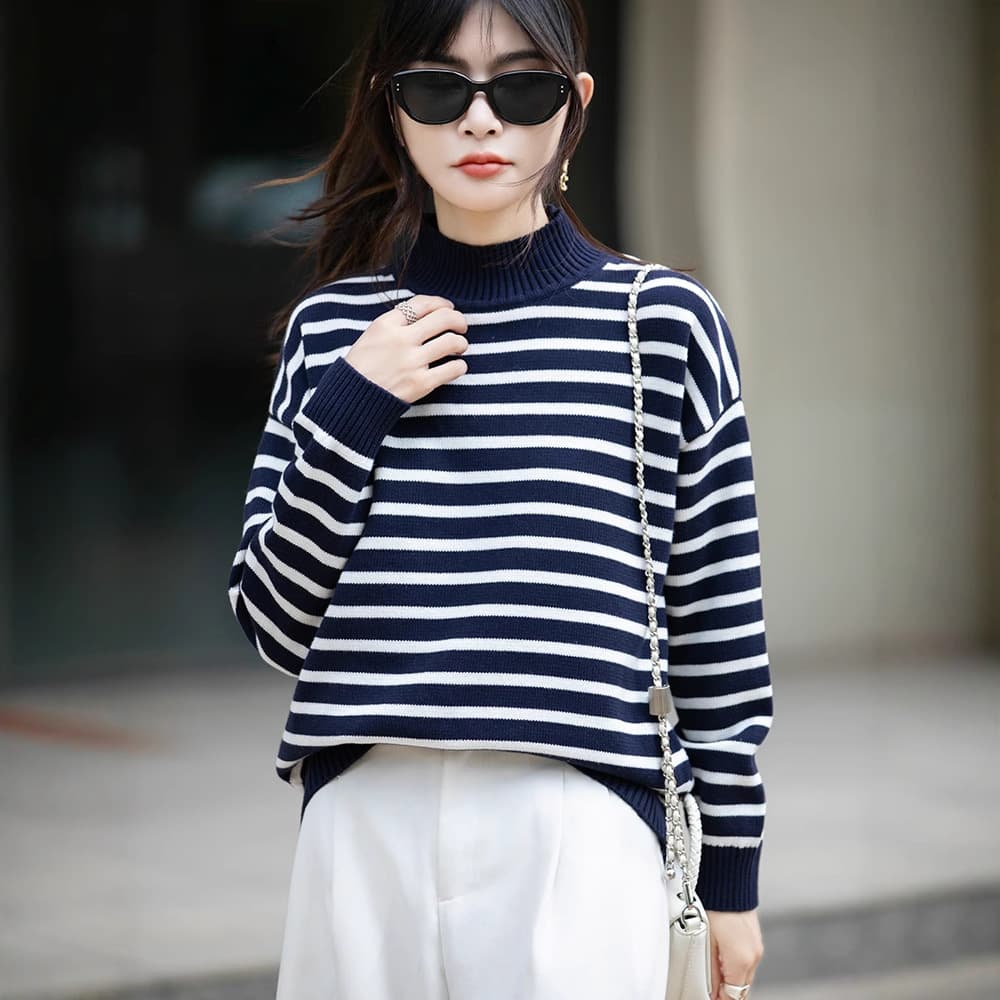 Korean style loose thickened pure cotton striped sweater women's autumn and winter new half turtleneck cotton bottoming sweater women's knitted sweater