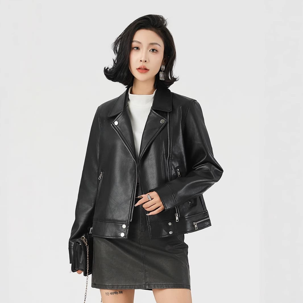 Customizable cross-border new women's leather jacket short suit collar leather jacket motorcycle jacket leather jacket