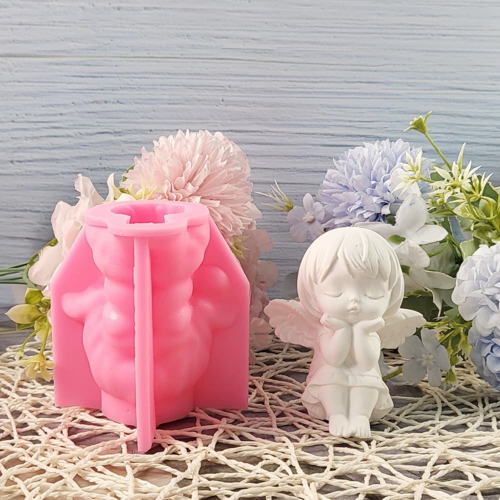 Chin Resting Little Angel Plaster Figurine Candle Mold DIY Plaster Cement Silicone Mold W0237