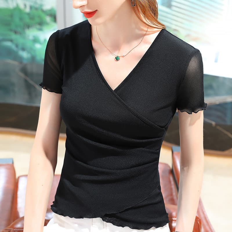 Cross V-Neck Short Sleeve T-Shirt Women 2025 Summer New Women's Solid Mesh Camisole Ruffle Waist Top