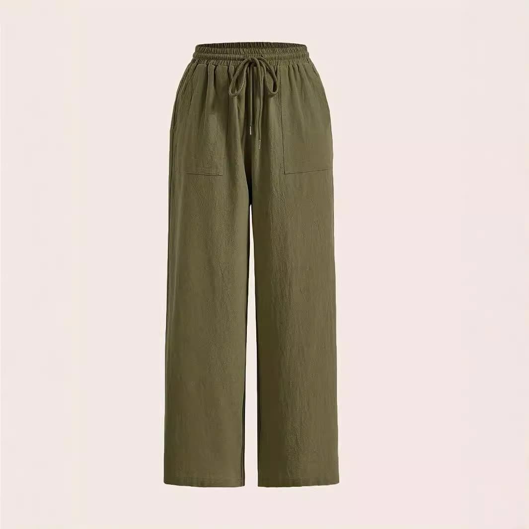Casual Cotton Blend Drawstring Loose Straight Leg Pockets Women's Solid Color Comfortable Elastic Waist Wide Leg Pants
