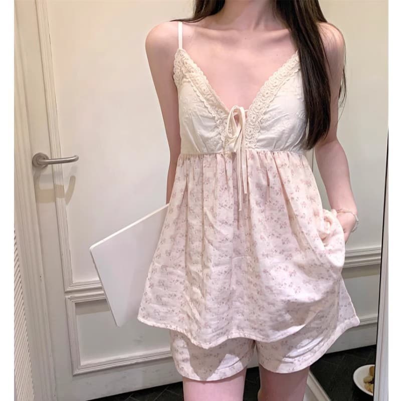 Women's Summer Korean Sweet Floral V-Neck Lace Trim Short Sleeve Chemise Nightgown with Padded Cups, Cloud Cotton Set