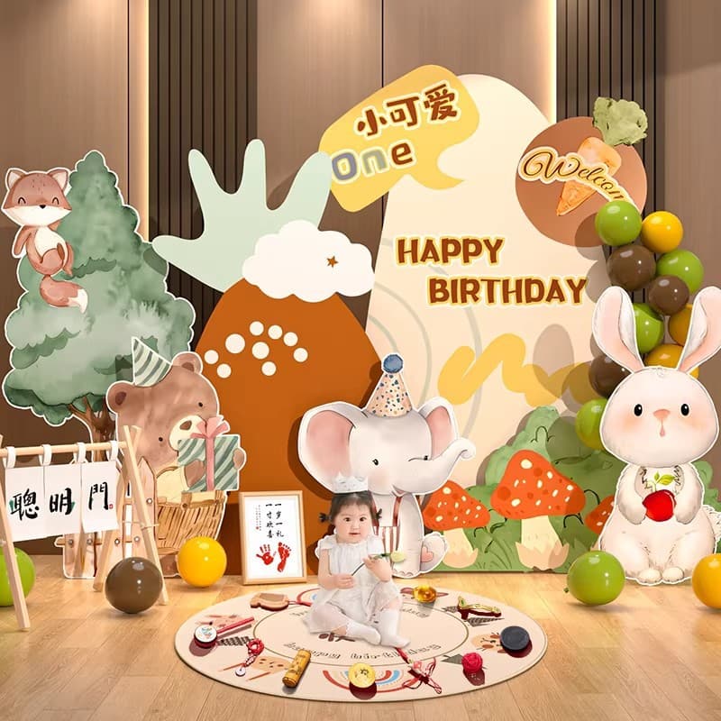 Forest-Themed Baby First Birthday Scene Decoration Full Moon Ceremony Hundred-Day Banquet Male and Female Hand-Painted Animal Kt Board Wholesale