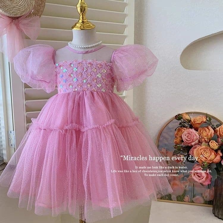 Girls Dress 2023 Summer New Children Short Sleeve Mesh Skirt Kids Lace Princess Dress 6Y61