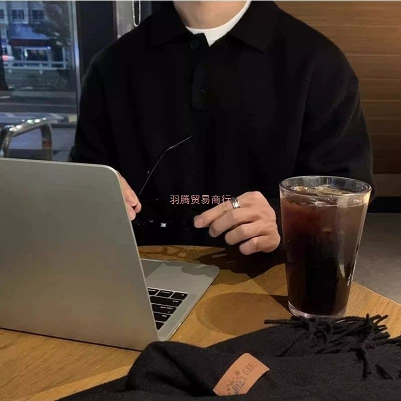 Retro Lazy Sweater Casual Polo Shirt Korean Version Solid Color High-End Loose Knitwear Jacket Men's Fashion Black