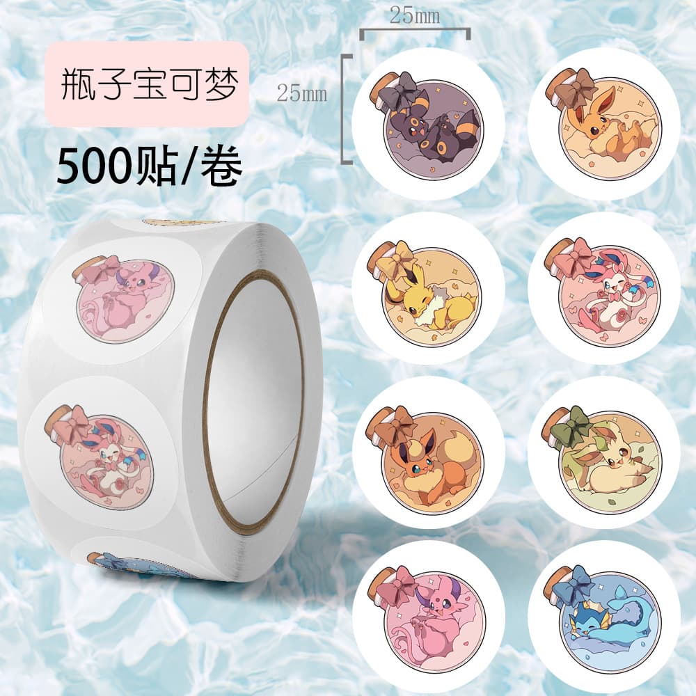 500 stickers/roll Bottle Pokemon Emoji Sticker Roll Xiaohongshu High-Aesthetic Decorative Journal Sticker Seal Sticker