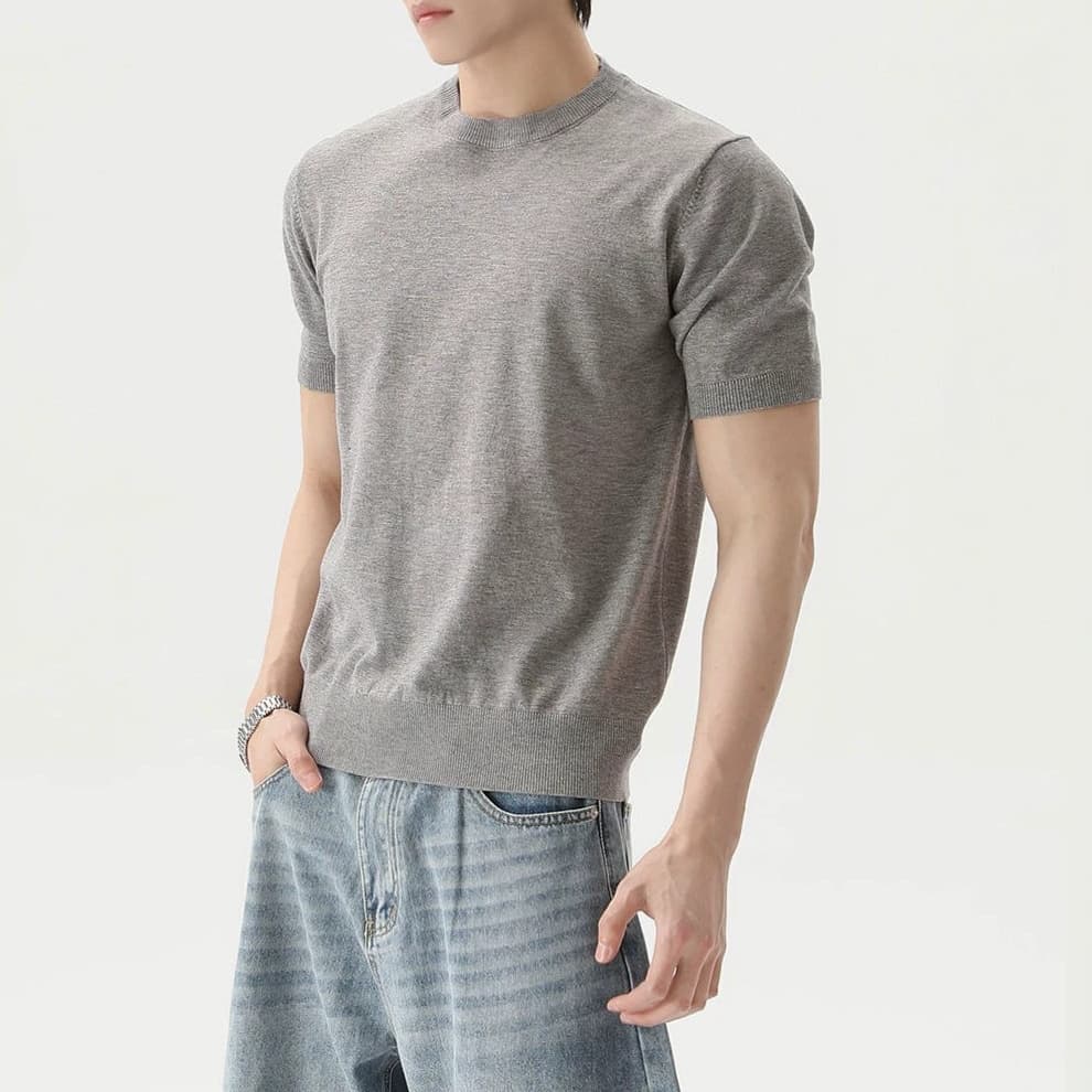 2026 Summer Knitted T-shirt Men's Short Sleeve Round Neck Threaded Cuff Design Simple Advanced Bottoming Shirt for Commuting Men