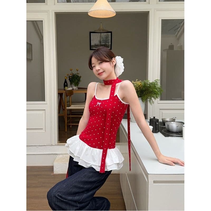 Ballet-style Red Polka Dot Bow Camisole Top 2026 Summer Design with Ruffled Hem and Tie Details for Women