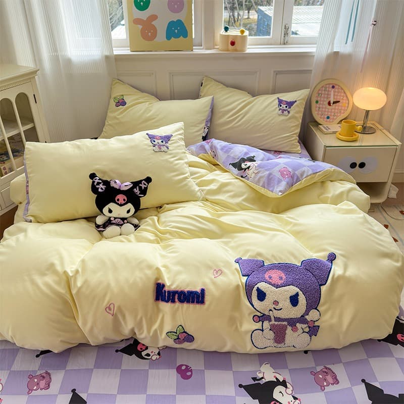 Sanrio Towel Embroidery Four-Piece Set Dormitory Three-Piece Set Washed Cotton Fitted Sheet Bed Sheet Cartoon Four-Piece Set Wholesale