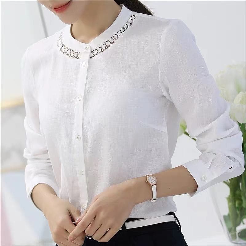 Cotton and linen stand-up collar shirt women's long-sleeved new Korean style slimming stand-up collar bottoming white shirt casual tops versatile