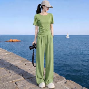 Summer Casual Sportswear Set for Women, Short Sleeve T-Shirt and Wide-Leg Pants Two-Piece, Simple and Versatile