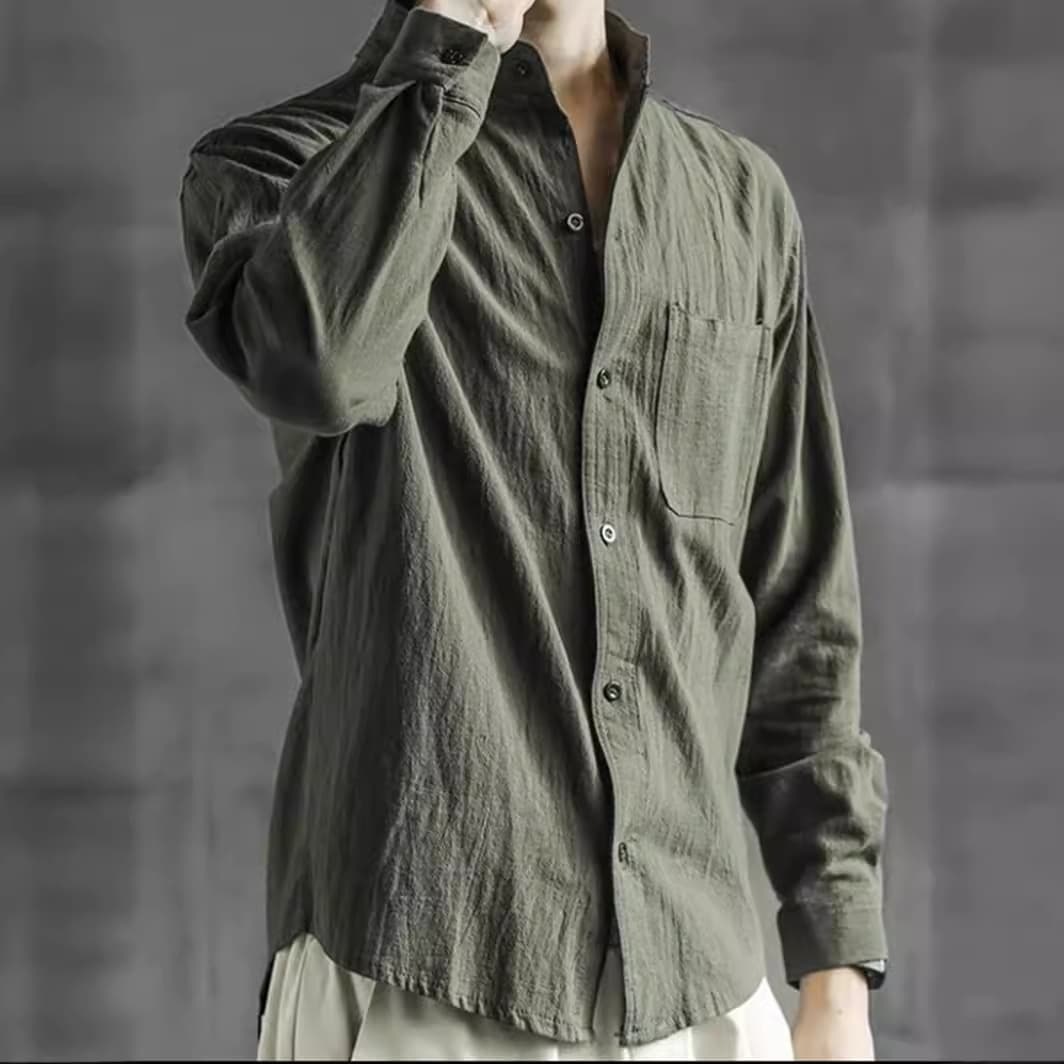Solid Color Three-Quarter Sleeve Shirt for Men Spring Autumn Thin Casual Stand Collar Loose Cotton Linen Shirt