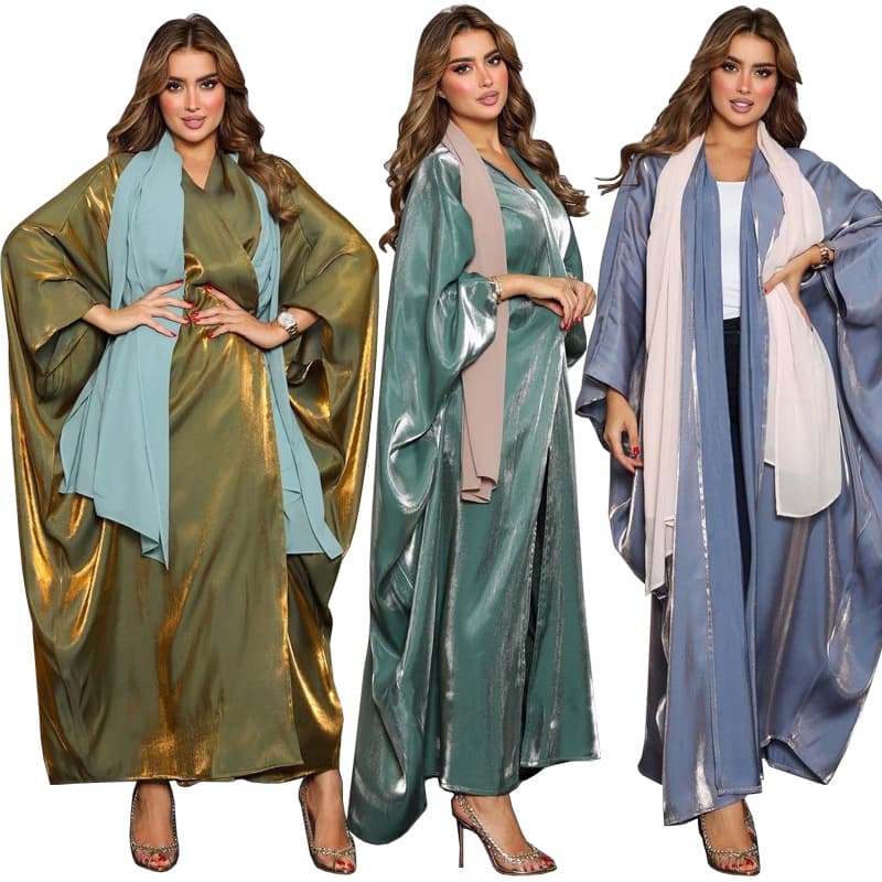 MQ049 2025 Summer Modest Fashion Shiny Satin Solid Color Batwing Sleeve Long Dress Plus Size Women's Clothing