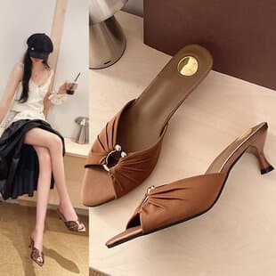 SYLSH Thin-Heel High Heels 2026 Summer Pleated Metal Buckle Pointed-Toe Open-Toe Slide Sandals, Large Size Women's High-Heel Slides