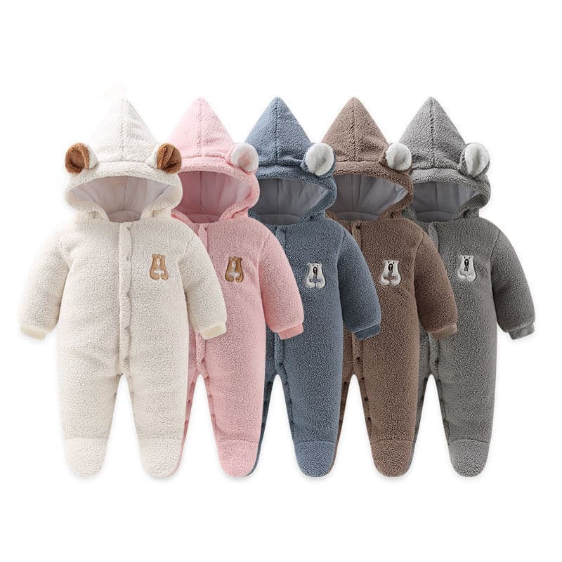 Newborn Baby One-Piece with Footies, Autumn and Winter Cotton Fleece Outfit, for 0-6 Months, Thickened for Outdoor Wear, with Hood, Trendy
