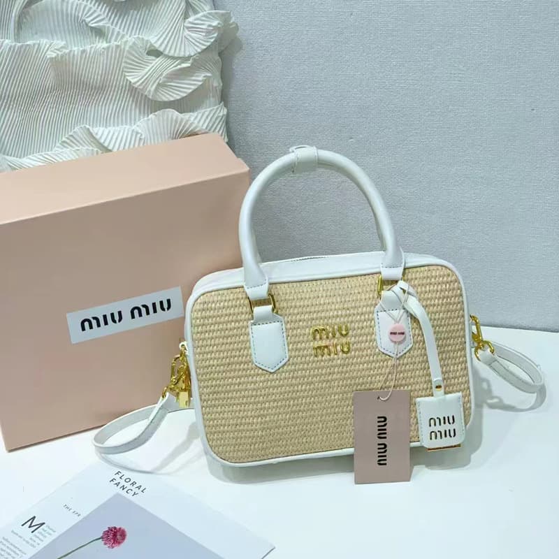 MIU New Woven Small Square Bag Bowling Boston Handbag Single Shoulder Crossbody Straw Bag Contrast Color Women's Bag