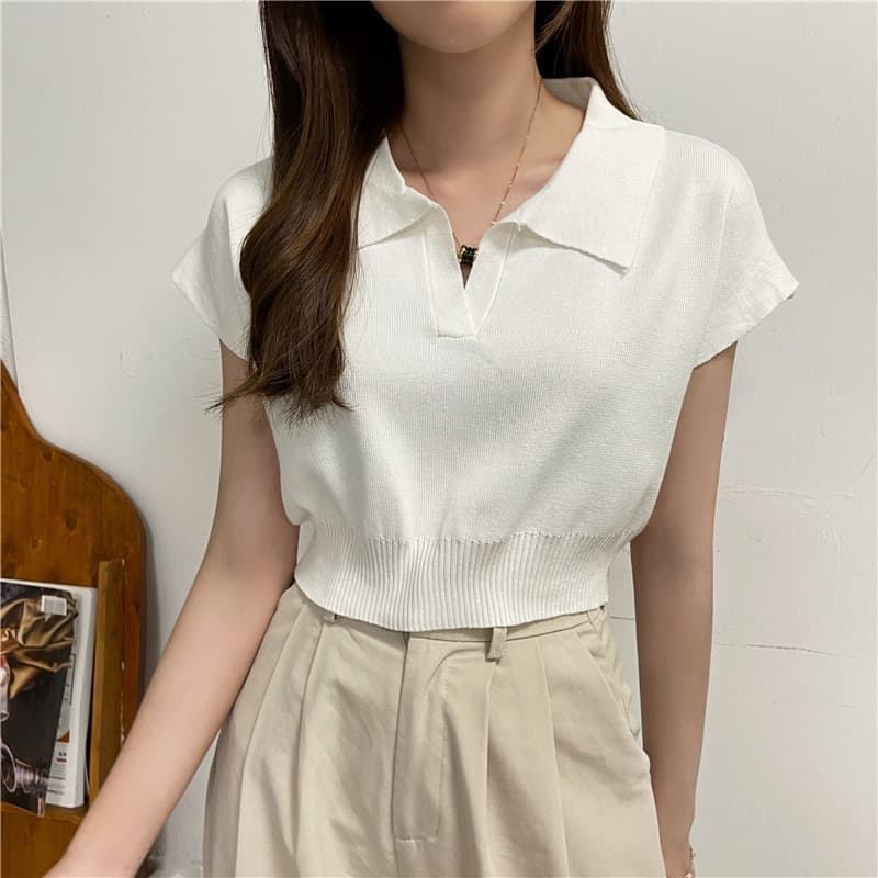 Slim Fit Short Sleeve Crop Top Knit Shirt 2023 New Summer Korean Style Fitted Notched Collar T-Shirt Women's Cotton