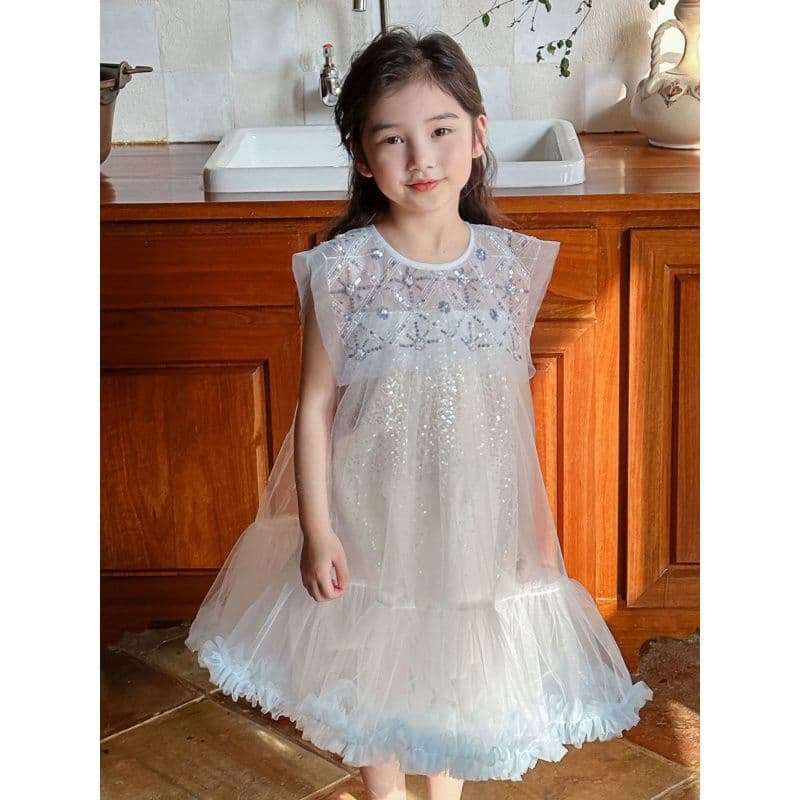 In Stock New Girls Pearl Collar Tulle Princess Dress for Performance Birthday Sleeveless.