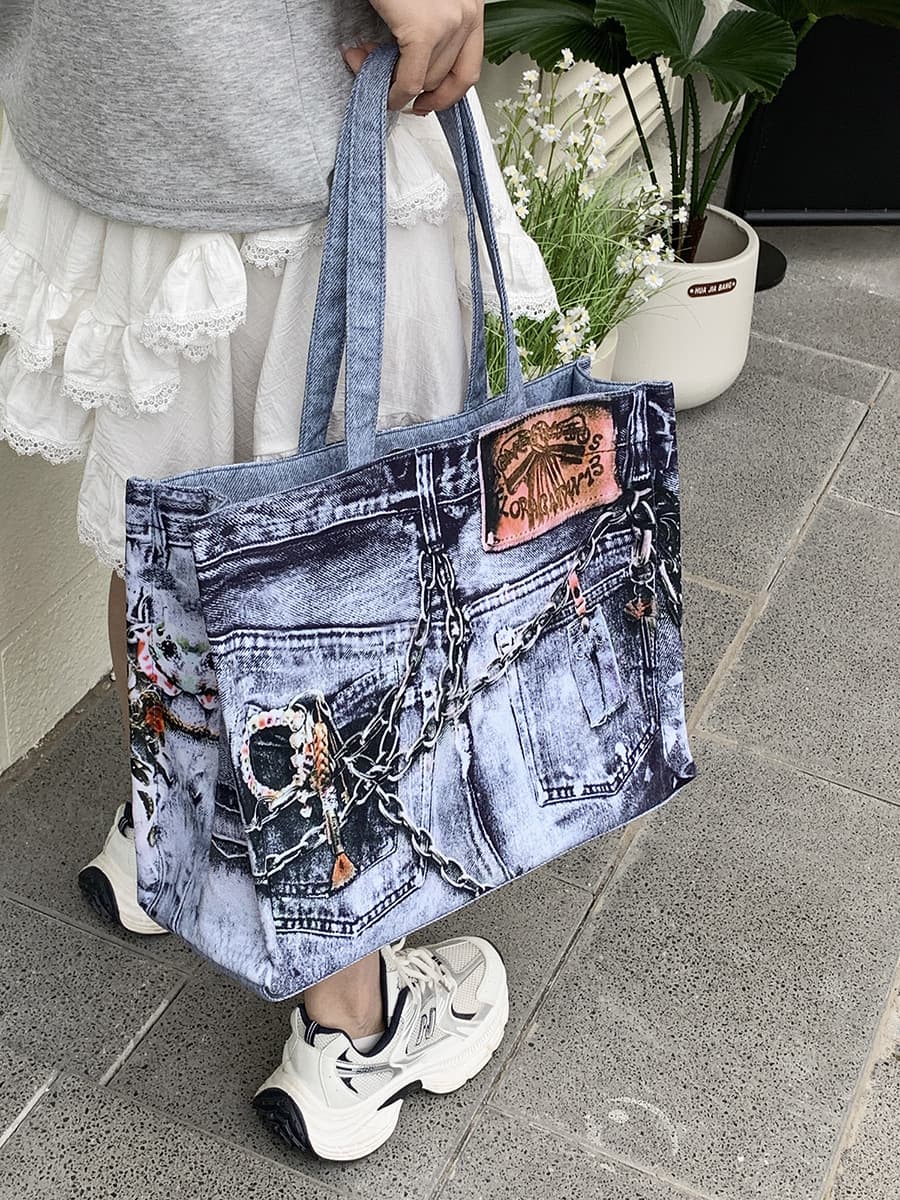 New Trendy Digital Canvas Bag, Versatile Casual Large Capacity Light Luxury Denim Shoulder Bag Shopping Tote