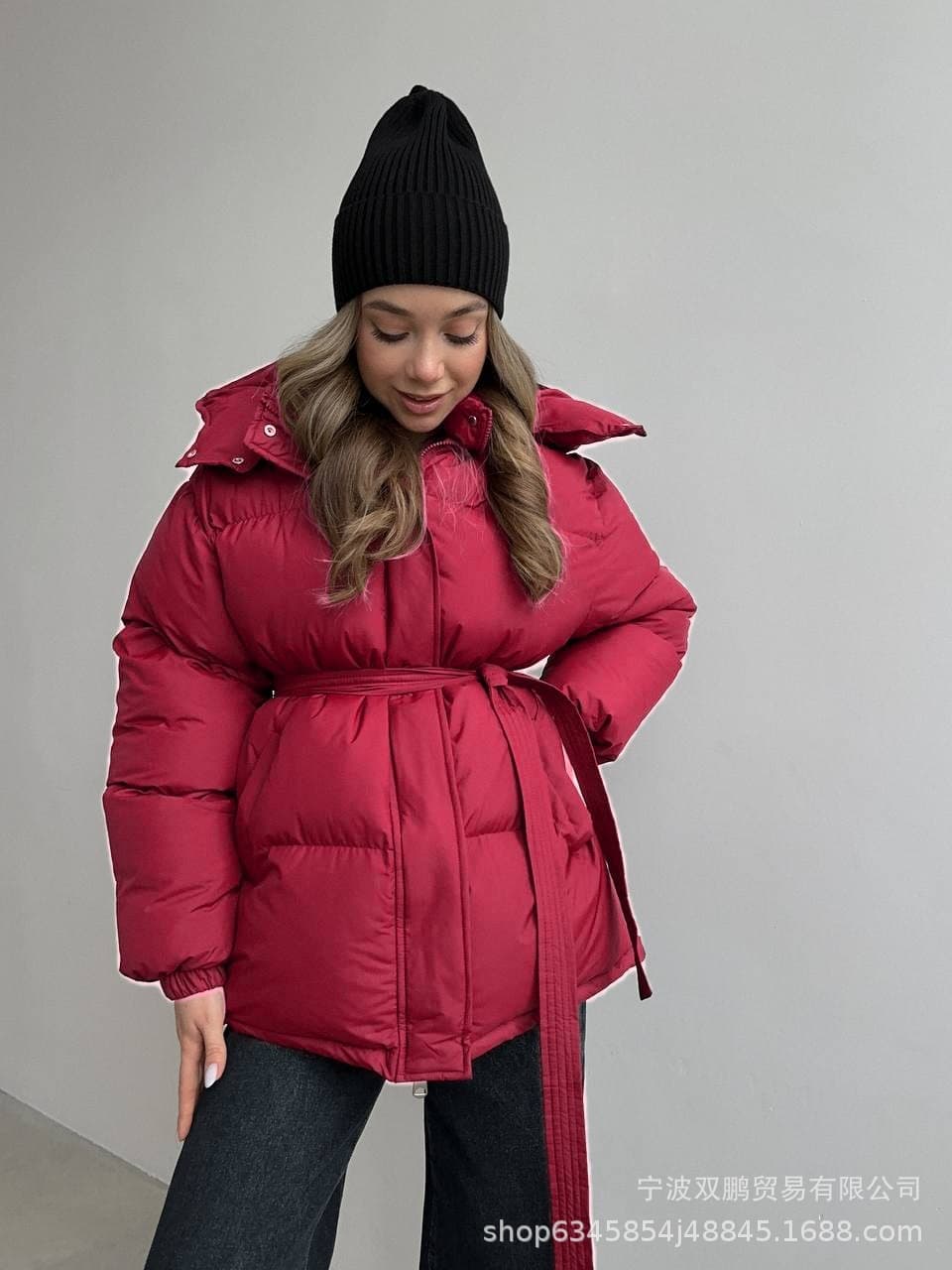 European and American Style 2026 Casual Waist-Tightening Slimming Hooded Mid-Length Puffer Cotton Coat for Women, Thick Cotton Jacket Outerwear in Brown