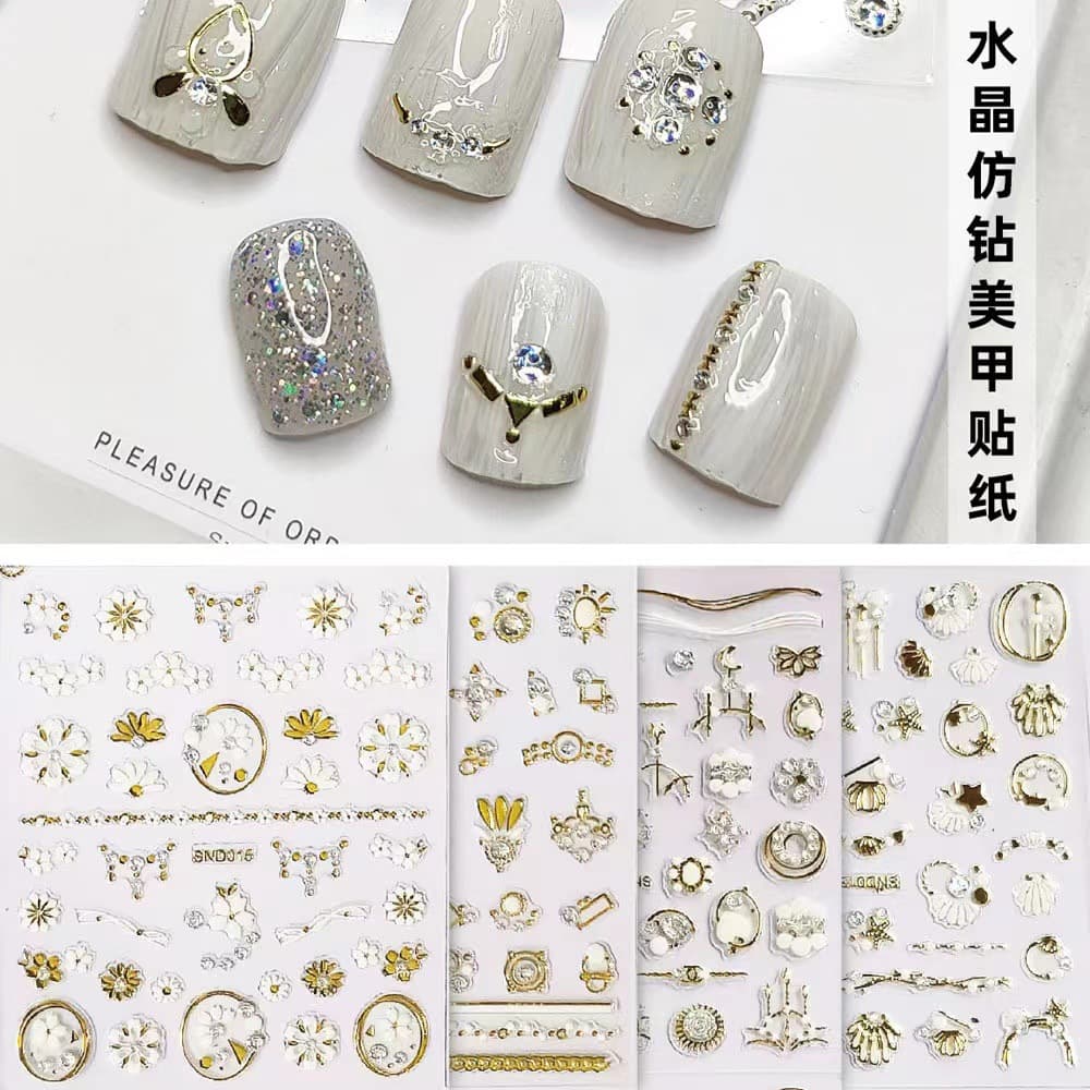 Cross-border 3D Rhinestone Nail Art Decals, Embossed Gold Pearl Nail Stickers, Mixed Batch Star Moon Hollow Nail Stickers