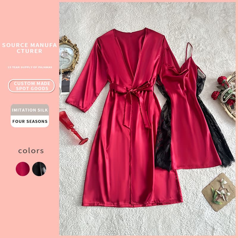 New Women's Sexy Pajamas: Autumn Ice Silk Thin Suspender Nightgown with Lace Bathrobe, Two-Piece Home Wear Set