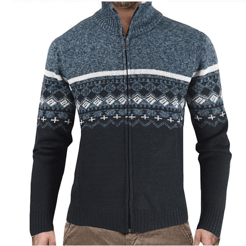 Foreign Trade Cross-Border Autumn Winter 2025 New Stand Collar Color Block Knitted Cardigan Casual Men's Thickened Sweater Jacket
