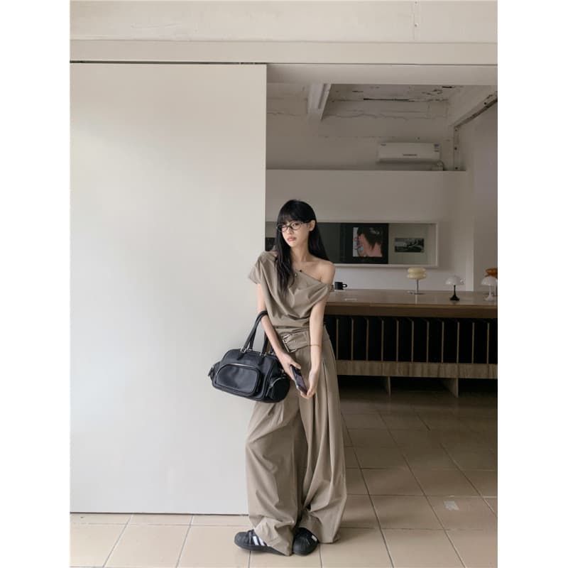 Apricot Irregular Strapless Wide-Leg Pants Set for Women with Stylish Top and Elegant Suit Long Pants Two-Piece Set