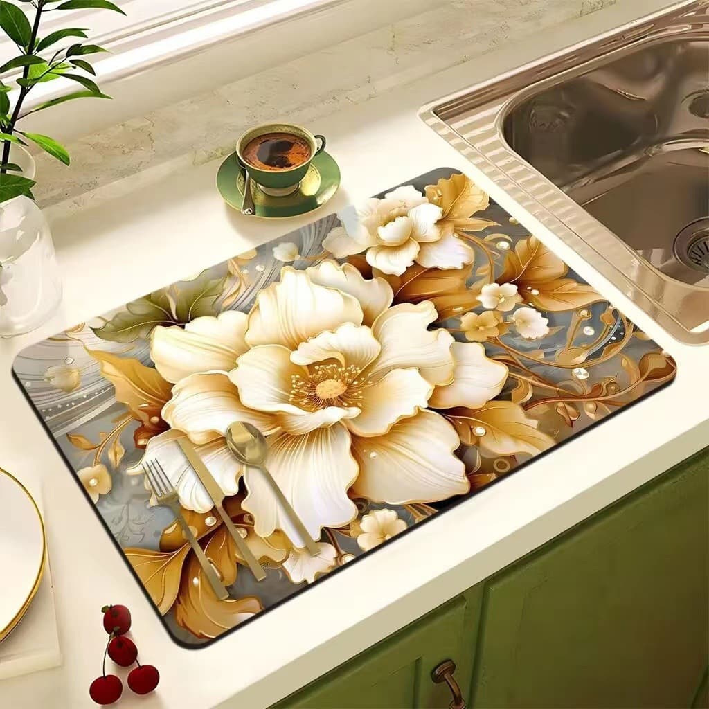 Cross-border wholesale flower kitchen countertop absorbent mat, home dining table heat-insulating bar counter bowl and plate draining mat