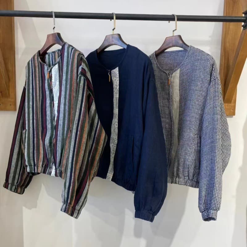 Retro literary linen jacket for women in autumn new placket blue and white porcelain patch loose versatile niche jacket top