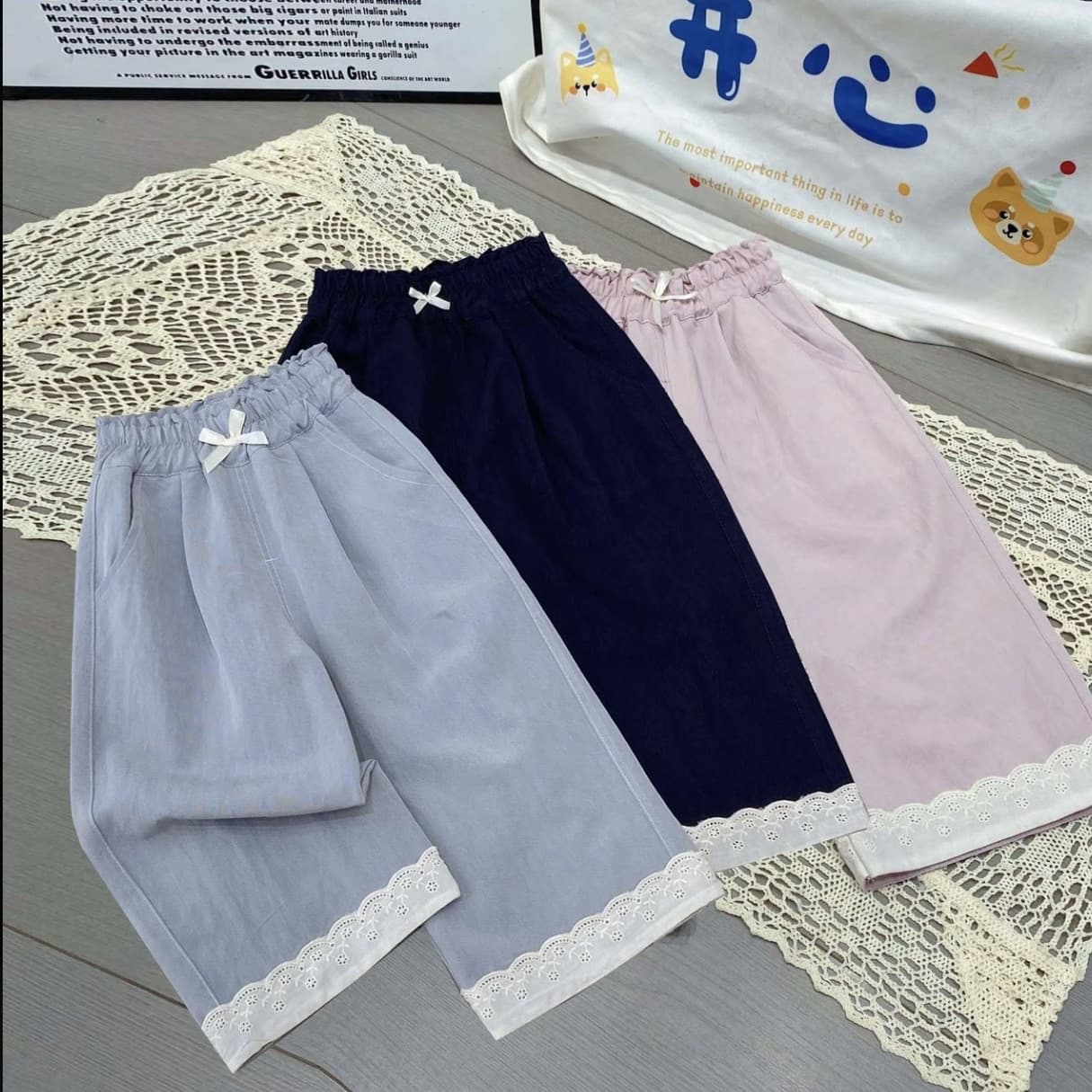 2025 Summer New Style Girls' Casual Versatile Korean Style Thin Lace Trim Fashionable and Versatile Cropped Casual Pants